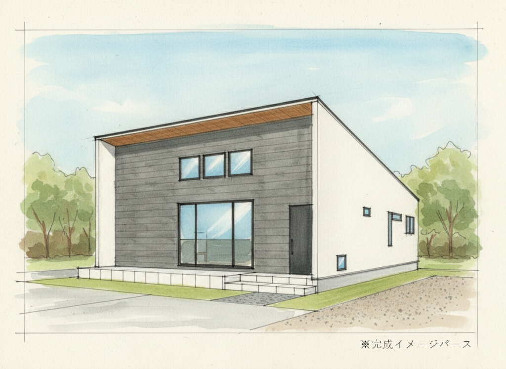 浜松市にオープンする平屋モデルハウスの外観パース（SOLIDと塗り壁の平屋）